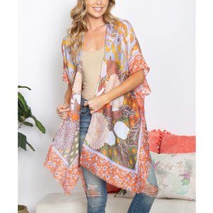 Multi Pattern Floral Boho Print Open Front Lightweight Woven Kimono Top